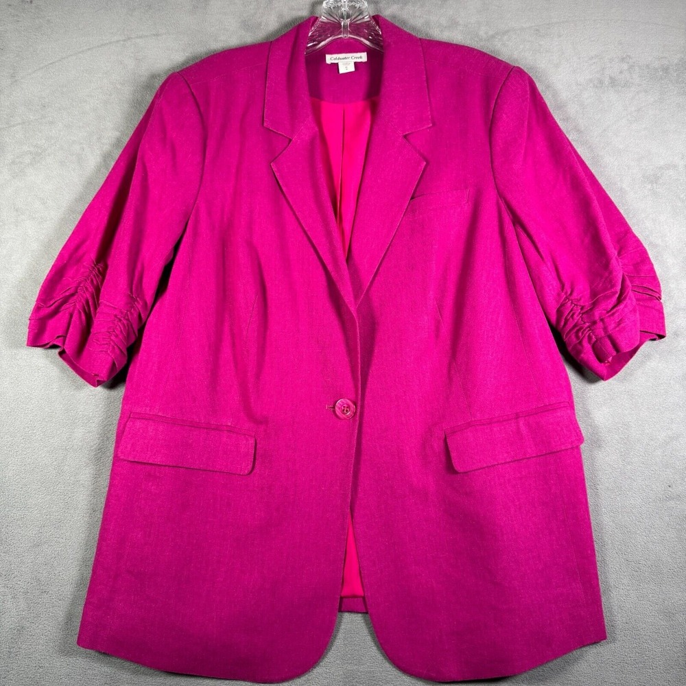 Coldwater Creek Blazer Jacket Women 16 Pink Linen Blend 1/2 Sleeve Ruched Office